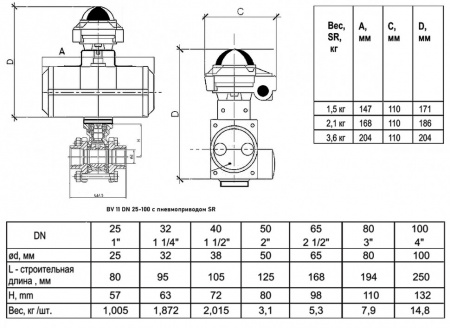Кран шаровой ABRA BV11 SR ВР 1 1/2" DN 40 PN 40 с пневмоприводом нержавеющая сталь