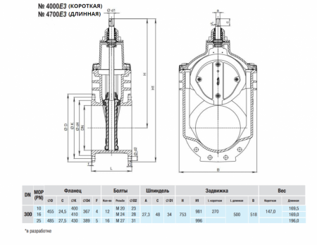 Задвижка HAWLE 4700Е3 DN 300 PN 10 фланцевая клиновая чугунная длинная с обрезиненным клином