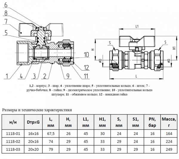 Кран шаровой для МП Aquasfera Standard 1118 DN 20х20 PN 16 неполнопроходной компресс-компресс