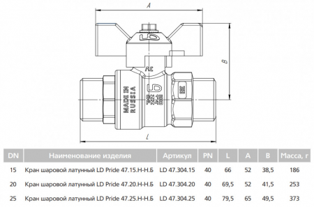 Кран шаровой латунный LD Pride 47.20.Н-Н.Б Ду 20 Ру 40 резьба (НР) 3/4", никелированный с черной бабочкой, неполнопроходный Кран шаровой латунный LD Pride 47.20.Н-Н.Б Ду 20 Ру 40 резьба (НР) 3/4", никелированный с черной бабочкой, неполнопроходный