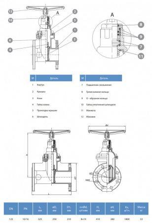 Задвижка GROSS DN 125 PN 10/16 фланцевая с обрезиненным клином с маховиком длинная