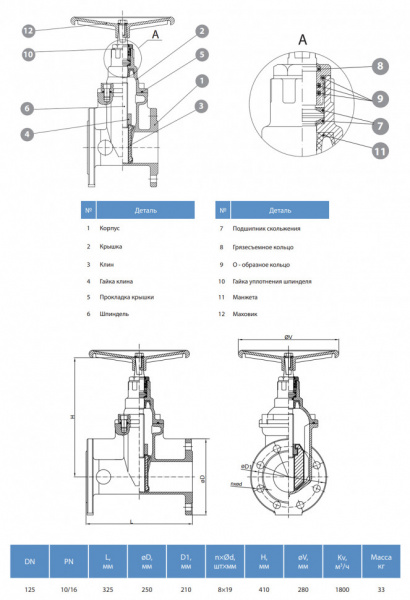 Задвижка GROSS DN 125 PN 10/16 фланцевая с обрезиненным клином с маховиком длинная