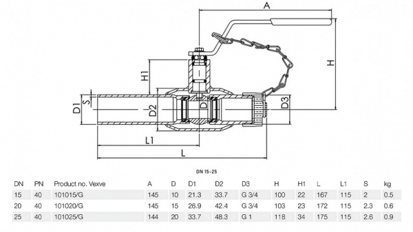 Кран шаровой Vexve 101/G DN 25 PN 40 стальной Кран шаровой Vexve 101/G DN 25 PN 40 стальной