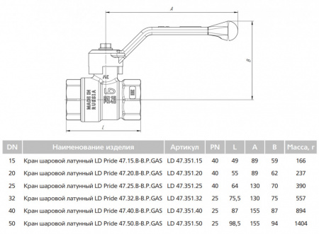 Кран шаровой латунный LD Pride 47.15.В-В.Р GAS Ду 15 Ру 40 резьба (ВР) 1/2", никелированный, неполнопроходный, стальной рычаг