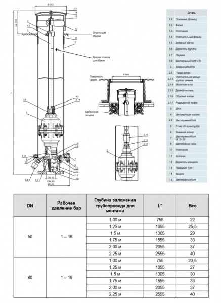 Воздушный вантуз Hawle 9822 DN 50/1305 мм PN16 для безколодезной установки