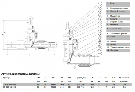 Задвижка AVK 36/8X DN 50 PN 10 ответвительная с ПЭ патрубками фланцевая