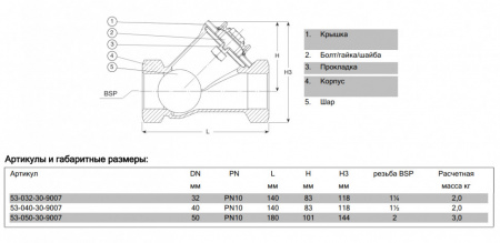 Клапан AVK 53/30 DN 32 PN 10 обратный шаровый резьбовой