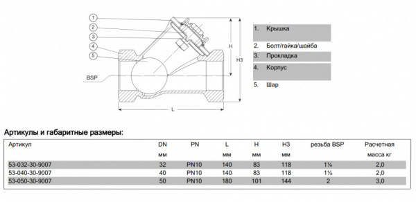 Клапан AVK 53/30 DN 32 PN 10 обратный шаровый резьбовой Клапан AVK 53/30 DN 32 PN 10 обратный шаровый резьбовой