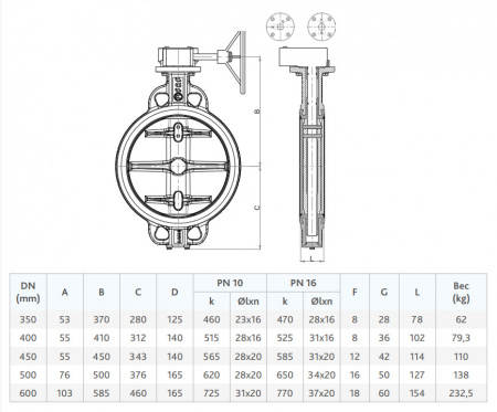 Затвор FAF 3500 DN 600 PN 16 дисковый межфланцевый с редуктором
