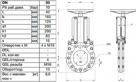 Задвижка шиберная ножевая VAG ZETA DN 50 PN 10 со штурвалом