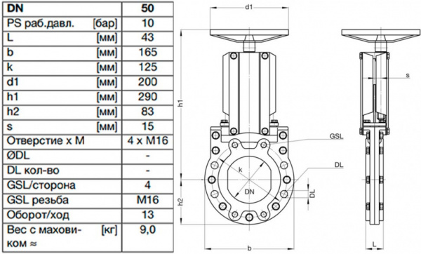 Задвижка шиберная ножевая VAG ZETA DN 50 PN 10 со штурвалом Задвижка шиберная ножевая VAG ZETA DN 50 PN 10 со штурвалом