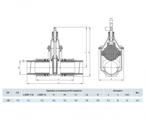 Задвижка HAWLE 4051E2 DN 125/140 PN 10 с ПЭ патрубками клиновая чугунная с обрезиненным клином Задвижка HAWLE 4051E2 DN 125/140 PN 10 с ПЭ патрубками клиновая чугунная с обрезиненным клином