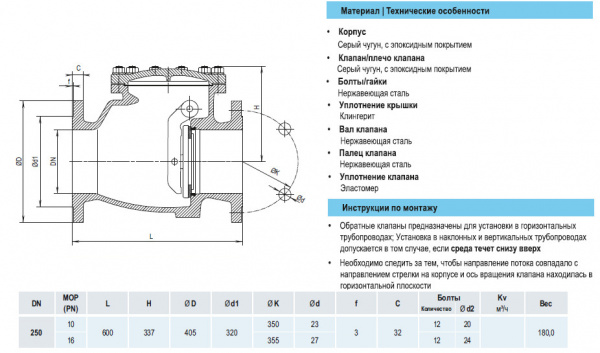 Клапан обратный HAWLE 9830 DN 250 PN 16