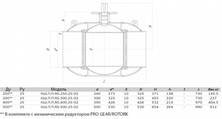 Кран шаровой ALSO RS КШ.П.П.RS.250.25-02 Ду 250 Ру 25 с редуктором полнопроходный под приварку, корпус - 09Г2С