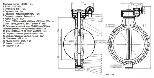 Затвор дисковый поворотный ABRA BUV-VF 863 DN 1200 PN 16 межфланцевый с редуктором