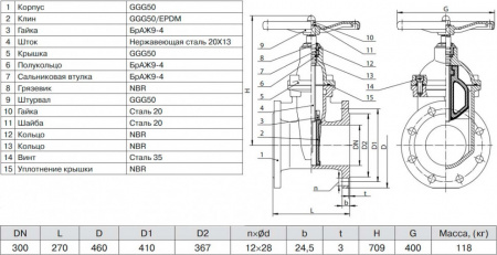 Задвижка ADL ГРАНАР KR20 Ду 300 Ру 16 фланцевая клиновая чугунная под штурвал с электроприводом с обрезиненным клином