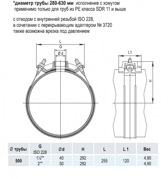 Врезной хомут HAWLE 5250 DN 500 PN 16 системы HAKU с отводом с внутренней резьбой 1 1/2"* Врезной хомут HAWLE 5250 DN 500 PN 16 системы HAKU с отводом с внутренней резьбой 1 1/2"*