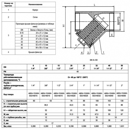 Фильтр сетчатый ABRA YS-3000-SS316 ВР 1/4" DN 8 PN 40 резьбовой нержавеющая сталь Фильтр сетчатый ABRA YS-3000-SS316 ВР 1/4" DN 8 PN 40 резьбовой нержавеющая сталь
