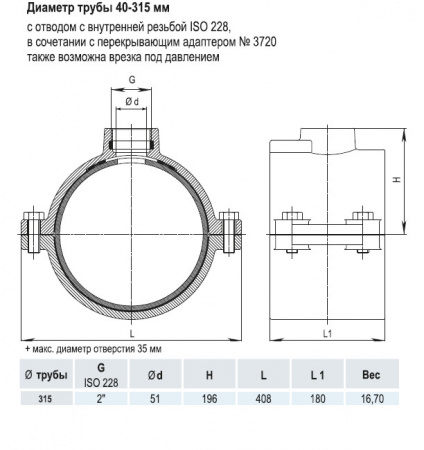 Врезной хомут HAWLE 5250 DN 315 PN 16 системы HAKU с отводом с внутренней резьбой 2"
