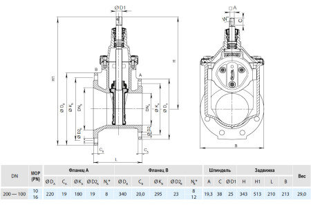 Задвижка HAWLE 4150E3 DN 200-100 PN 10 фланцевая клиновая чугунная с обрезиненным клином переходная