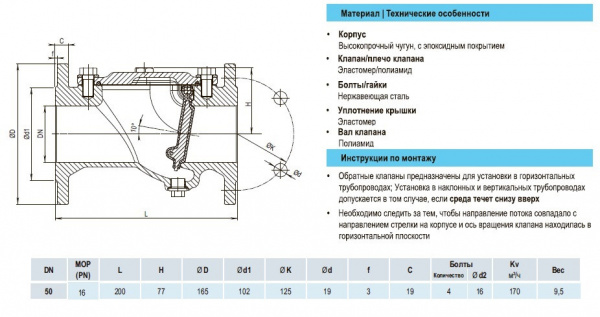 Клапан обратный HAWLE 9831 DN 50 PN 16 фланцевый