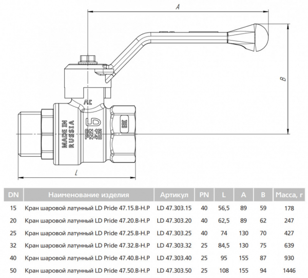 Кран шаровой латунный LD Pride 47.50.В-Н.Р Ду 50 Ру 25 резьба (ВР-НР) 2", никелированный с белым рычагом, неполнопроходный Кран шаровой латунный LD Pride 47.50.В-Н.Р Ду 50 Ру 25 резьба (ВР-НР) 2", никелированный с белым рычагом, неполнопроходный