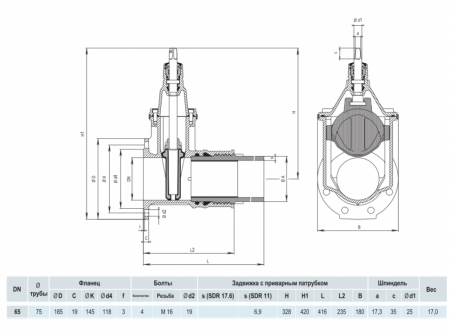 Задвижка HAWLE 4090E2 DN 65/75 PN 16 фланец - ПЭ патрубок клиновая чугунная с обрезиненным клином