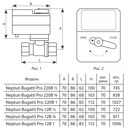Кран шаровой с электроприводом Нептун Bugatti Pro 220В 1'' латунный