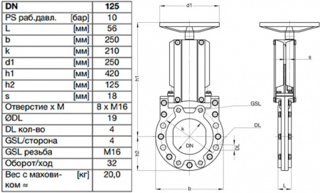Задвижка шиберная ножевая VAG ZETA DN 125 PN 10 со штурвалом