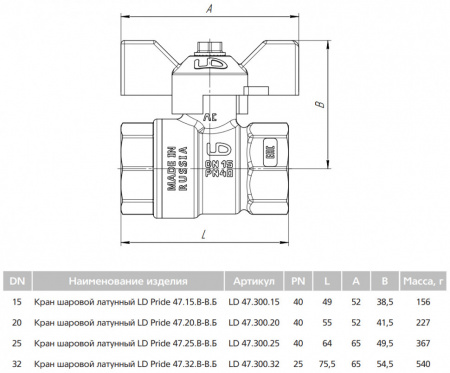 Кран шаровой латунный LD Pride 47.25.В-В.Б Ду 25 Ру 40 резьба (ВР) 1", никелированный с черной бабочкой, неполнопроходный Кран шаровой латунный LD Pride 47.25.В-В.Б Ду 25 Ру 40 резьба (ВР) 1", никелированный с черной бабочкой, неполнопроходный