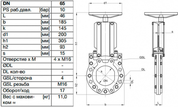 Задвижка шиберная ножевая VAG ZETA DN 65 PN 10 со штурвалом Задвижка шиберная ножевая VAG ZETA DN 65 PN 10 со штурвалом