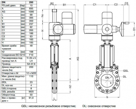 Задвижка шиберная ножевая VAG ZETA DN 250 PN 10 с электроприводом AUMA SA07.6