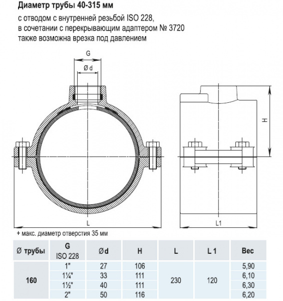 Врезной хомут HAWLE 5250 DN 160 PN 16 системы HAKU с отводом с внутренней резьбой 2" Врезной хомут HAWLE 5250 DN 160 PN 16 системы HAKU с отводом с внутренней резьбой 2"