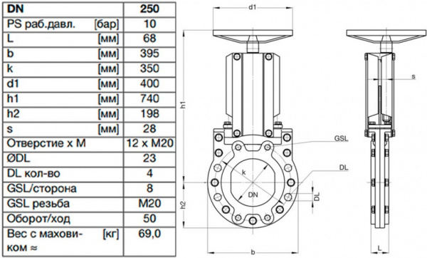 Задвижка шиберная ножевая VAG ZETA DN 250 PN 10 со штурвалом Задвижка шиберная ножевая VAG ZETA DN 250 PN 10 со штурвалом