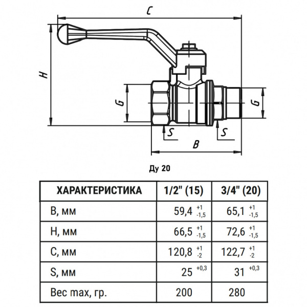 Кран шаровый VALFEX VF.215 ВР-НР 3/4" Ду 20 Ру 40 STANDART N/P латунный