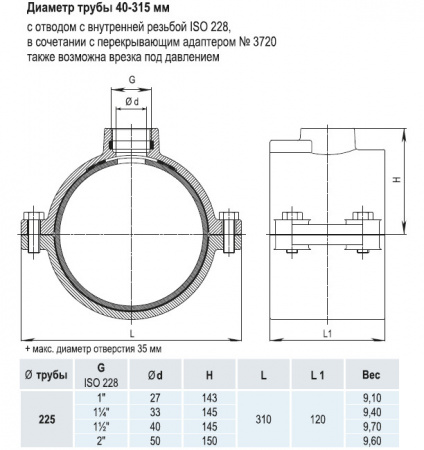 Врезной хомут HAWLE 5250 DN 225 PN 16 системы HAKU с отводом с внутренней резьбой 1 1/2"