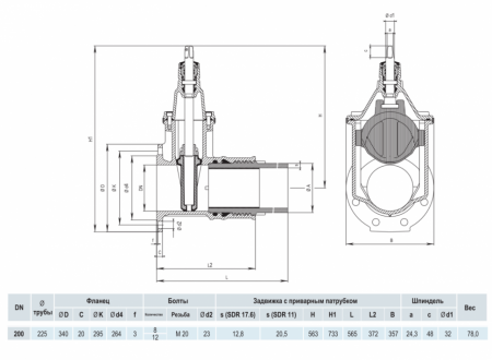 Задвижка HAWLE 4090E2 DN 200/225 PN 16 фланец - ПЭ патрубок клиновая чугунная с обрезиненным клином