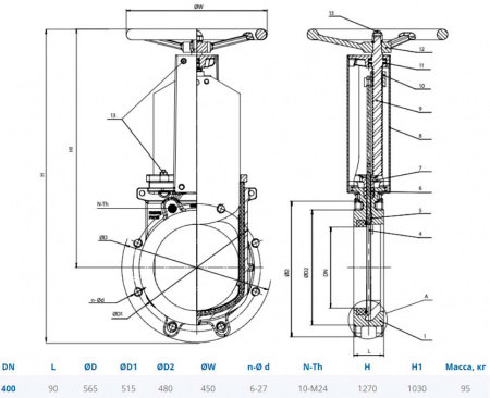 Задвижка стальная шиберная ножевая DENDOR K51GV DN 400