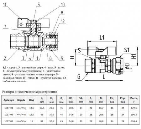 Кран шаровой для МП трубы Aquasfera EURO 1017 DN 20х3/4" PN 16 неполнопроходной компресс-резьба
