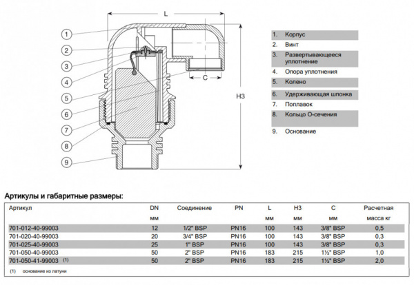 Клапан AVK 701/40 DN 20 PN 16 воздушный комбинированный резьбовой