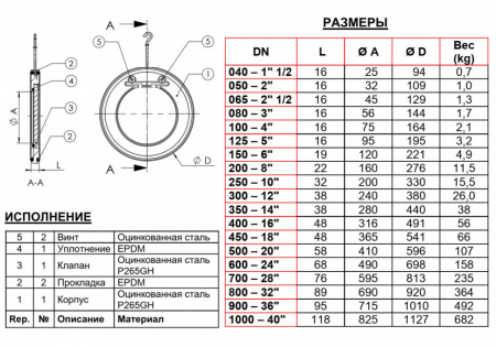 Клапан Tecofi CB5440 DN 300 обратный одностворчатый межфланцевый PN 16