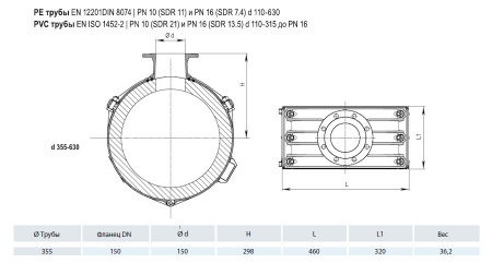 Врезной хомут HAWLE 5230 DN 355/150 PN 16 фланцевый системы Haku