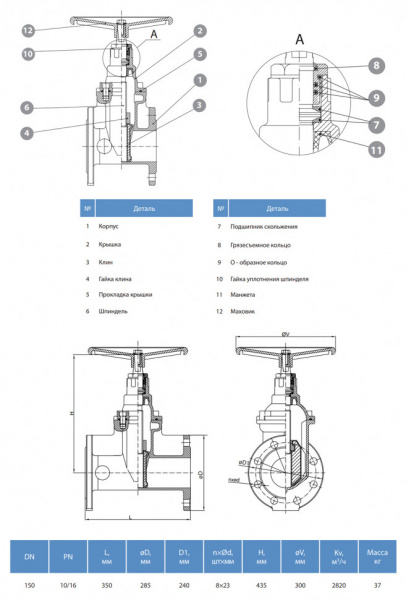 Задвижка GROSS DN 150 PN 10/16 фланцевая с обрезиненным клином с маховиком длинная Задвижка GROSS DN 150 PN 10/16 фланцевая с обрезиненным клином с маховиком длинная