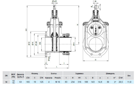 Задвижка HAWLE 4041E3 System 2000 DN 50/63 PN 16 фланец-раструб клиновая чугунная с обрезиненным клином