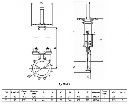 Задвижка шиберная односторонняя СМО A-01-HW-M Ду 65 Ру 10 с выдвижным шпинделем чугунная межфланцевая со штурвалом