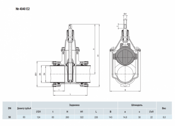 Задвижка HAWLE 4040E2 System 2000 DN 50/63 PN 16 раструбная клиновая чугунная с обрезиненным клином Задвижка HAWLE 4040E2 System 2000 DN 50/63 PN 16 раструбная клиновая чугунная с обрезиненным клином