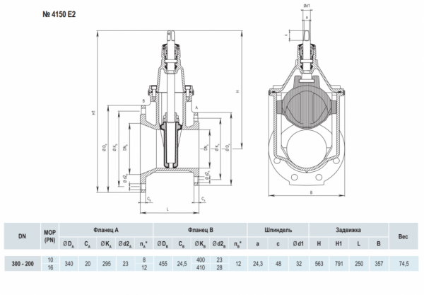 Задвижка HAWLE 4150E2 DN 300-200 PN 10 фланцевая клиновая чугунная с обрезиненным клином переходная Задвижка HAWLE 4150E2 DN 300-200 PN 10 фланцевая клиновая чугунная с обрезиненным клином переходная