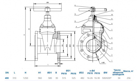 Задвижка DENDOR 47GV DN 400 PN 10 фланцевая клиновая чугунная под штурвал с обрезиненным клином