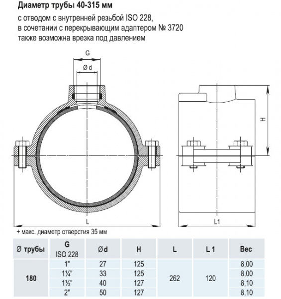 Врезной хомут HAWLE 5250 DN 180 PN 16 системы HAKU с отводом с внутренней резьбой 1 1/4" Врезной хомут HAWLE 5250 DN 180 PN 16 системы HAKU с отводом с внутренней резьбой 1 1/4"