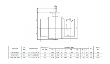 Кран шаровой БИВАЛ КШТ 11 DN 400 PN 25 C/C